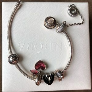Pandora Bracelet w/ 4 Pandora Charms Clips + 1 Pair Safety Chain